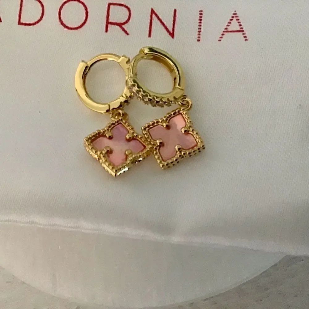 14K Gold Plated Pave Swarovski Mother-of -Pearl Quatrefoil Drop Earrings